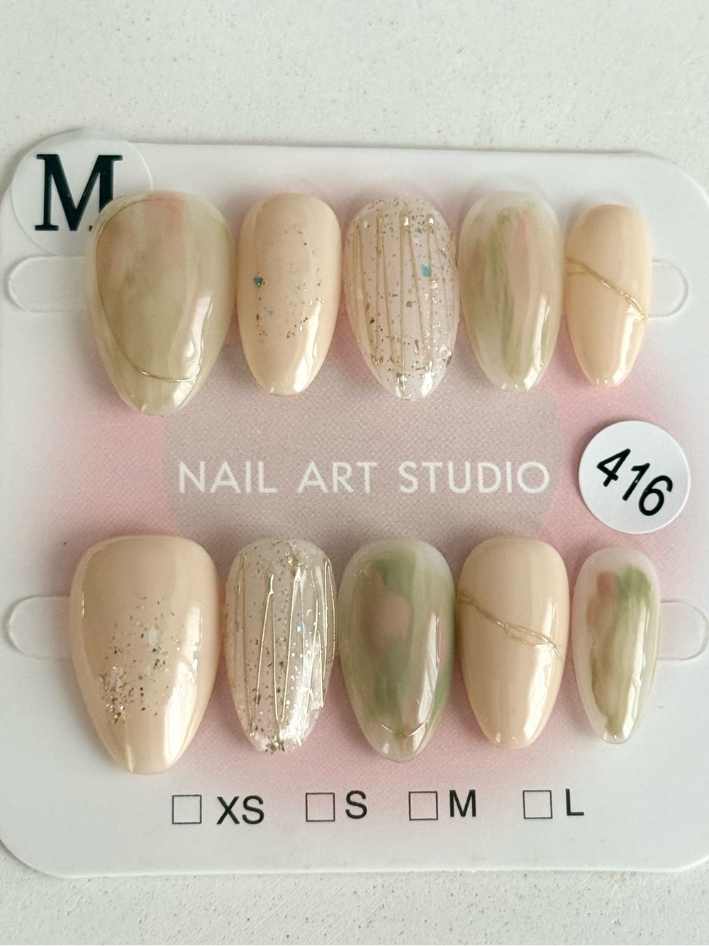 Handmade Beige & Green Ombre Press-On Nail Set Short Almond Size M